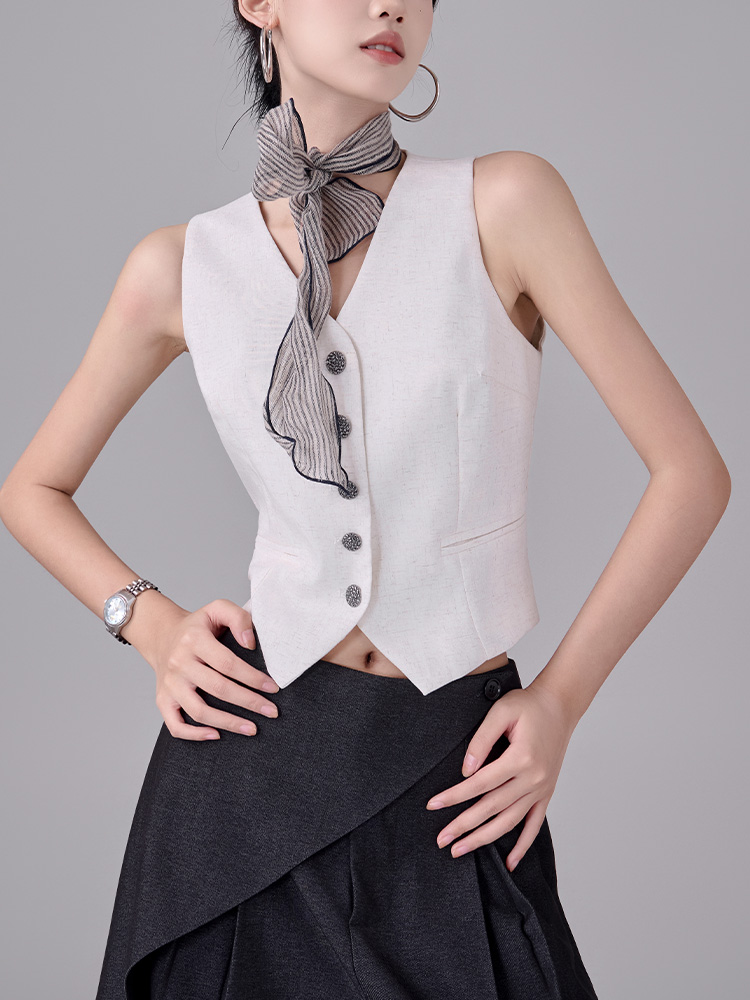Summer Beige V-Neck Sleeveless Vest Women's Casual Slim Short Blazer Top - Lightweight Fashion for Y2K Style