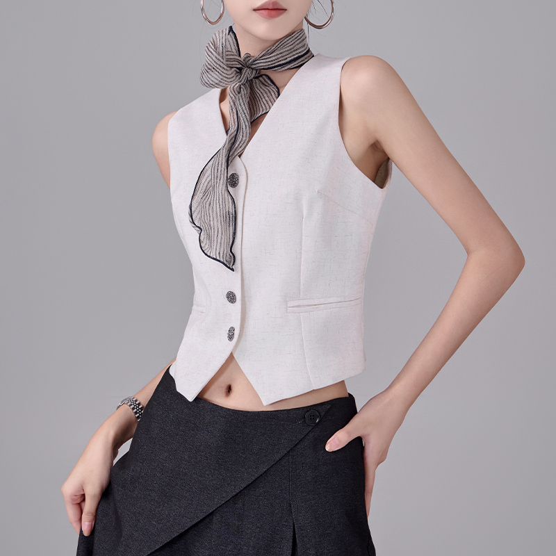 Summer Beige V-Neck Sleeveless Vest Women's Casual Slim Short Blazer Top - Lightweight Fashion for Y2K Style