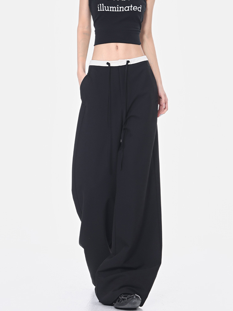 Summer Black Drawstring Straight Leg Suit Pants for Women with Color Block Design, Loose Wide Leg, Y2K Fashion Summer Black Drawstring Straight Leg Suit Pants for Women with Color Block Design, Loose Wide Leg, Y2K Fashion