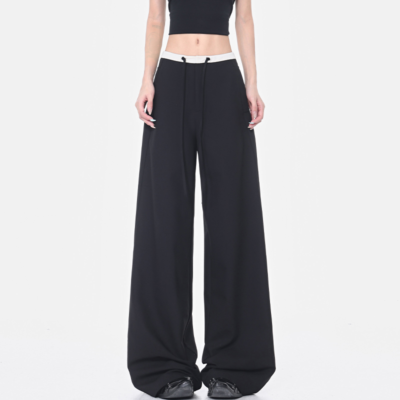 Summer Black Drawstring Straight Leg Suit Pants for Women with Color Block Design, Loose Wide Leg, Y2K Fashion