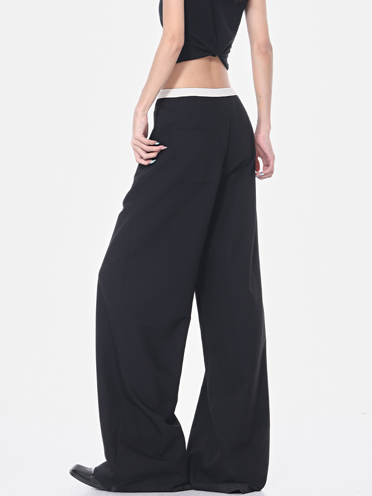 Summer Black Drawstring Straight Leg Suit Pants for Women with Color Block Design, Loose Wide Leg, Y2K Fashion Summer Black Drawstring Straight Leg Suit Pants for Women with Color Block Design, Loose Wide Leg, Y2K Fashion