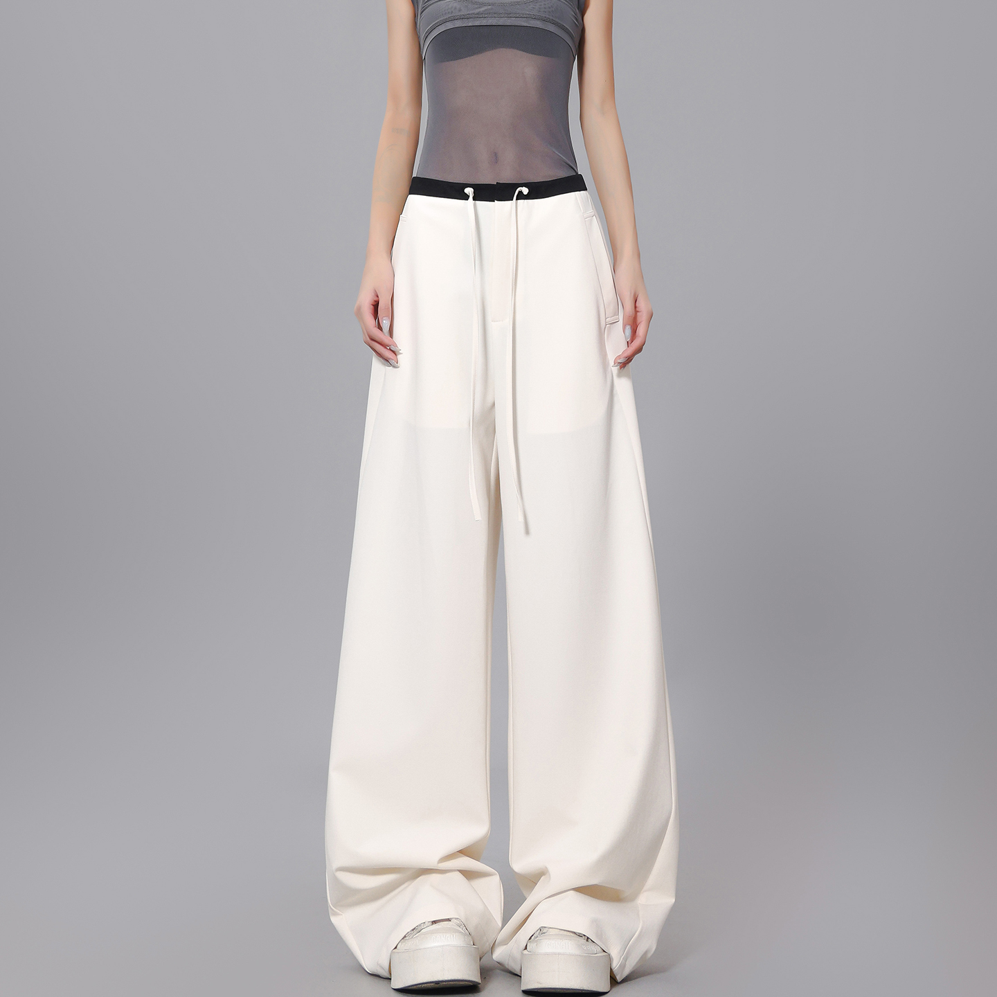 Summer Black Drawstring Straight Leg Suit Pants for Women with Color Block Design, Loose Wide Leg, Y2K Fashion Summer Black Drawstring Straight Leg Suit Pants for Women with Color Block Design, Loose Wide Leg, Y2K Fashion