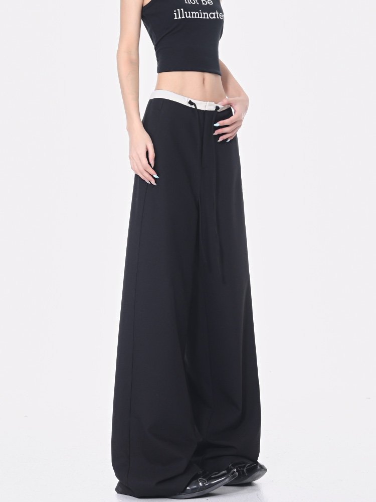 Summer Black Drawstring Straight Leg Suit Pants for Women with Color Block Design, Loose Wide Leg, Y2K Fashion