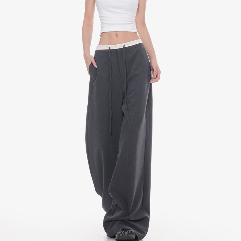 Summer Black Drawstring Straight Leg Suit Pants for Women with Color Block Design, Loose Wide Leg, Y2K Fashion Summer Black Drawstring Straight Leg Suit Pants for Women with Color Block Design, Loose Wide Leg, Y2K Fashion