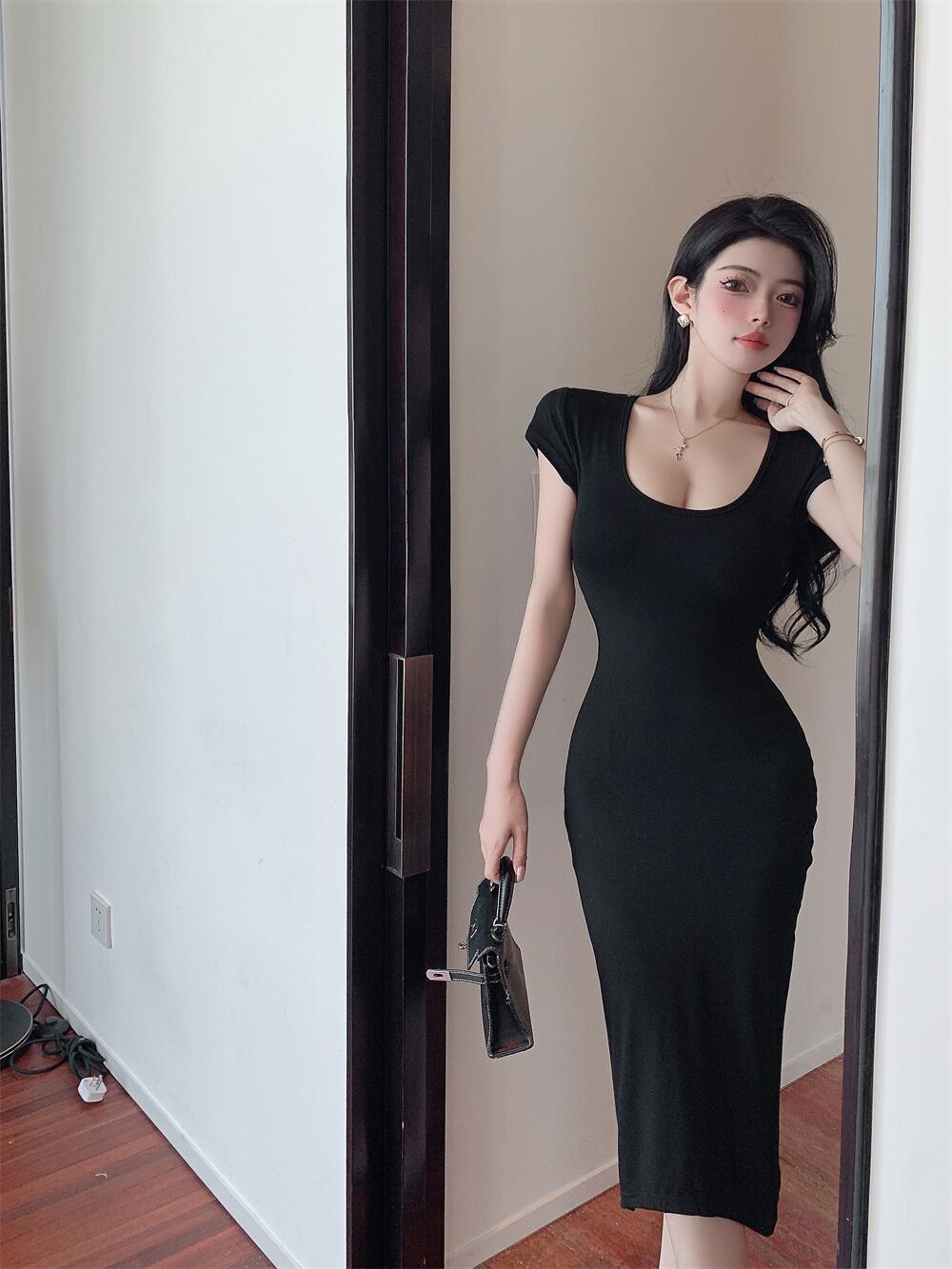 Summer Black Tight-Fitting Hip-Hugging Dress - Sexy Short Sleeve Revealing Chic Women's Cotton Dress