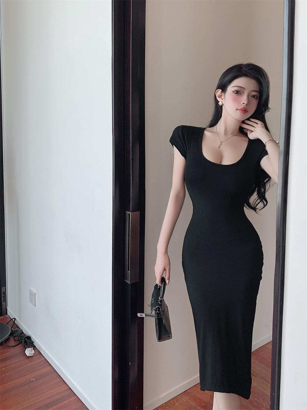Summer Black Tight-Fitting Hip-Hugging Dress - Sexy Short Sleeve Revealing Chic Women's Cotton Dress