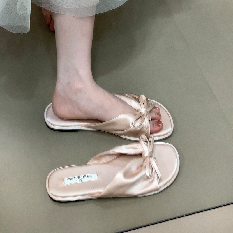 Summer Bowknot Polka Dot Slide Sandals for Women - Comfortable Open-Toe Beach Slippers, Flat Shoes for Casual Style