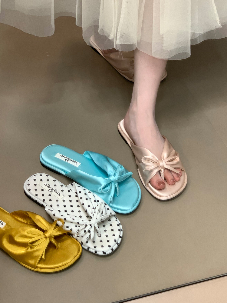 Summer Bowknot Polka Dot Slide Sandals for Women - Comfortable Open-Toe Beach Slippers, Flat Shoes for Casual Style