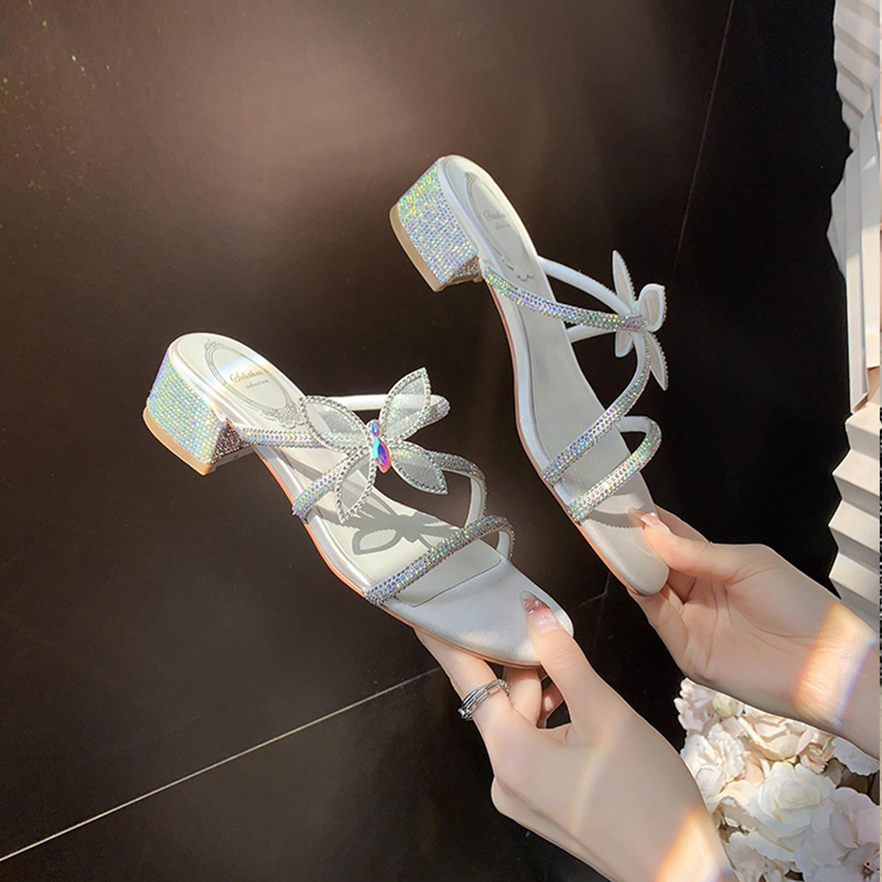 Summer Butterfly Knot Rhinestone Sandals for Women, Chunky Heel Stiletto One-Strap Design, 2025 French Style Outdoor Footwear