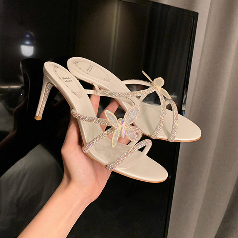 Summer Butterfly Knot Rhinestone Sandals for Women, Chunky Heel Stiletto One-Strap Design, 2025 French Style Outdoor Footwear Summer Butterfly Knot Rhinestone Sandals for Women, Chunky Heel Stiletto One-Strap Design, 2025 French Style Outdoor Footwear