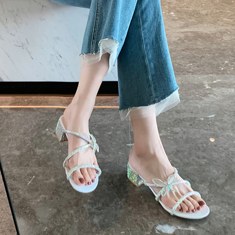 Summer Butterfly Knot Rhinestone Sandals for Women, Chunky Heel Stiletto One-Strap Design, 2025 French Style Outdoor Footwear Summer Butterfly Knot Rhinestone Sandals for Women, Chunky Heel Stiletto One-Strap Design, 2025 French Style Outdoor Footwear