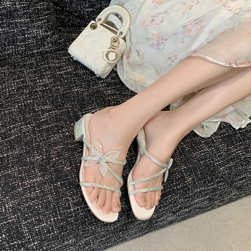 Summer Butterfly Knot Rhinestone Sandals for Women, Chunky Heel Stiletto One-Strap Design, 2025 French Style Outdoor Footwear