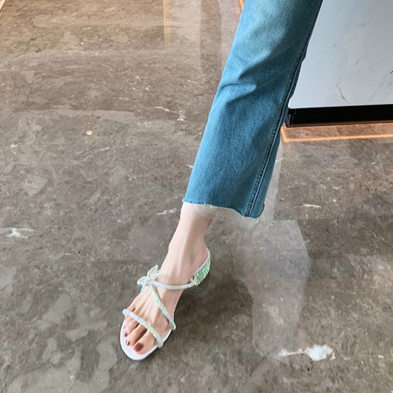 Summer Butterfly Knot Rhinestone Sandals for Women, Chunky Heel Stiletto One-Strap Design, 2025 French Style Outdoor Footwear Summer Butterfly Knot Rhinestone Sandals for Women, Chunky Heel Stiletto One-Strap Design, 2025 French Style Outdoor Footwear