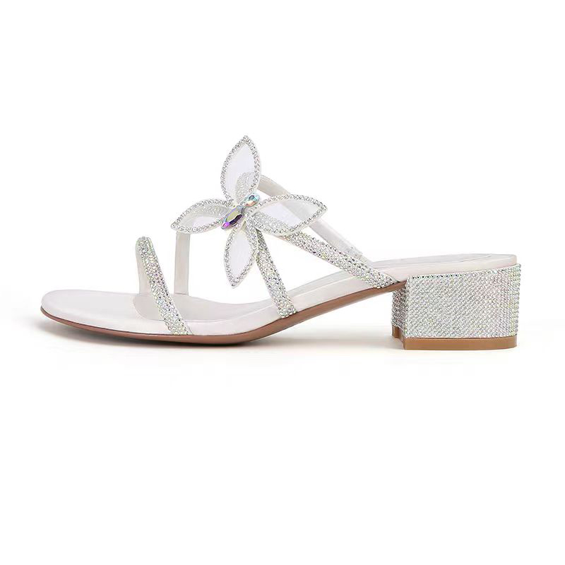 Summer Butterfly Knot Rhinestone Sandals for Women, Chunky Heel Stiletto One-Strap Design, 2025 French Style Outdoor Footwear Summer Butterfly Knot Rhinestone Sandals for Women, Chunky Heel Stiletto One-Strap Design, 2025 French Style Outdoor Footwear