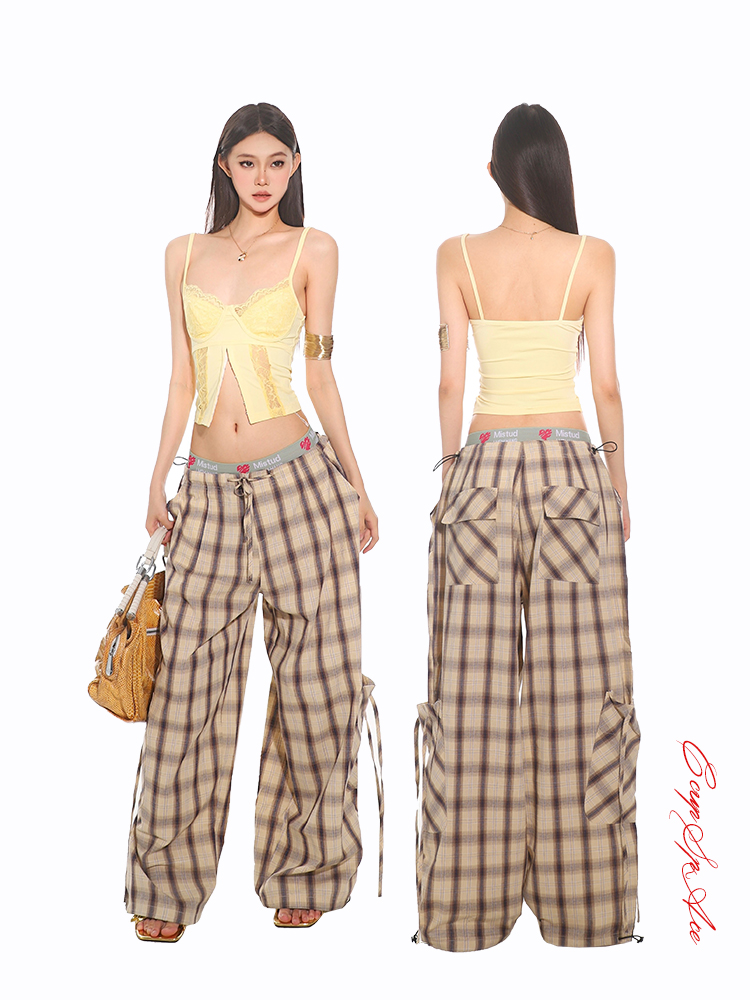 Summer Casual Plaid Loose Straight-Leg Work Pants with Large Pockets - 2025 Trendy Relaxed Fit for Effortless Style