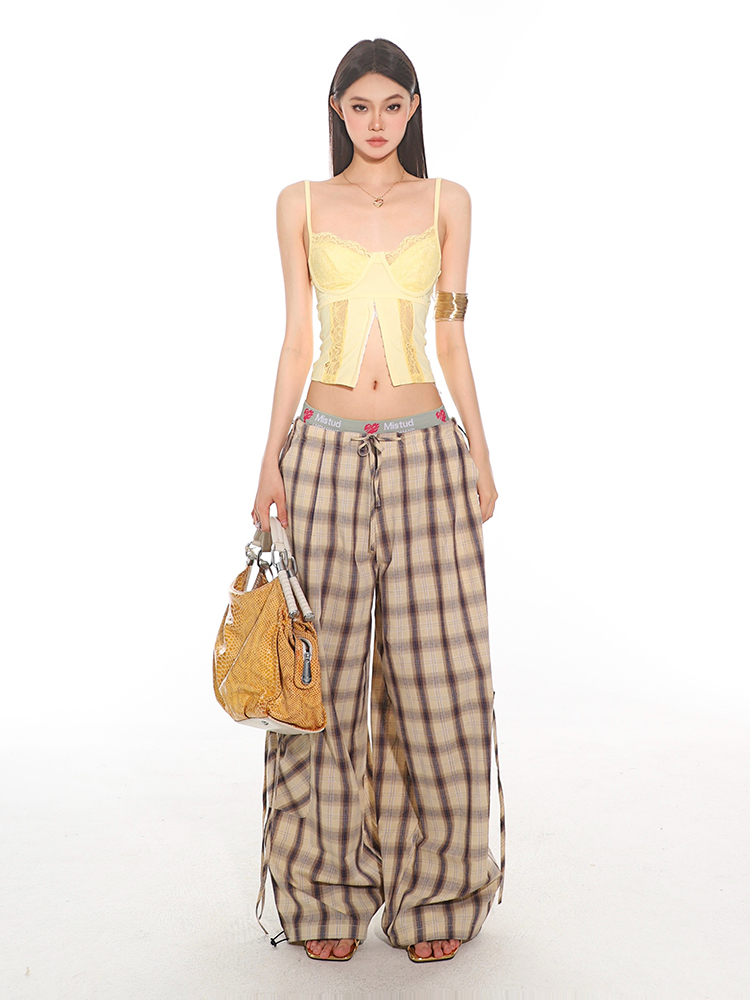 Summer Casual Plaid Loose Straight-Leg Work Pants with Large Pockets - 2025 Trendy Relaxed Fit for Effortless Style