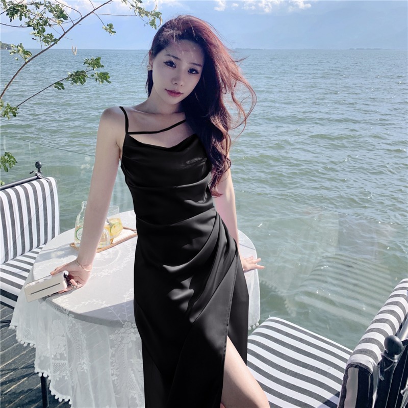 Summer Chic French-Style Textured Satin Slip Dress for Women - Waist-Cinching Long Dress in Pure Desire Vinegar 90s Aesthetic