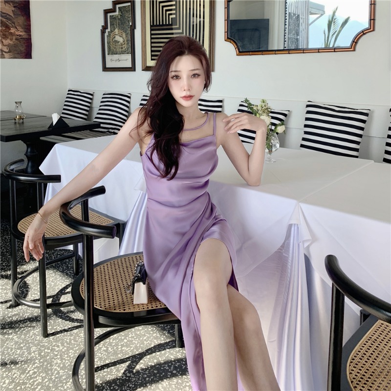 Summer Chic French-Style Textured Satin Slip Dress for Women - Waist-Cinching Long Dress in Pure Desire Vinegar 90s Aesthetic