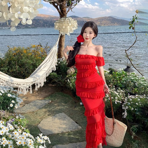 Summer Dopamine Red Strapless Bodycon Dress with Irregular Ruffles and Long Skirt â€“ Sexy Thailand Sanya Style