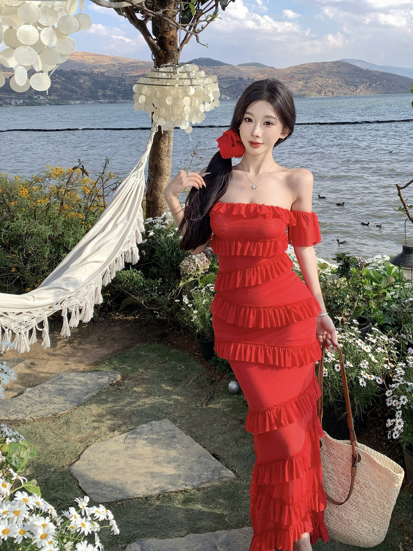 Summer Dopamine Red Strapless Bodycon Dress with Irregular Ruffles and Long Skirt â€“ Sexy Thailand Sanya Style