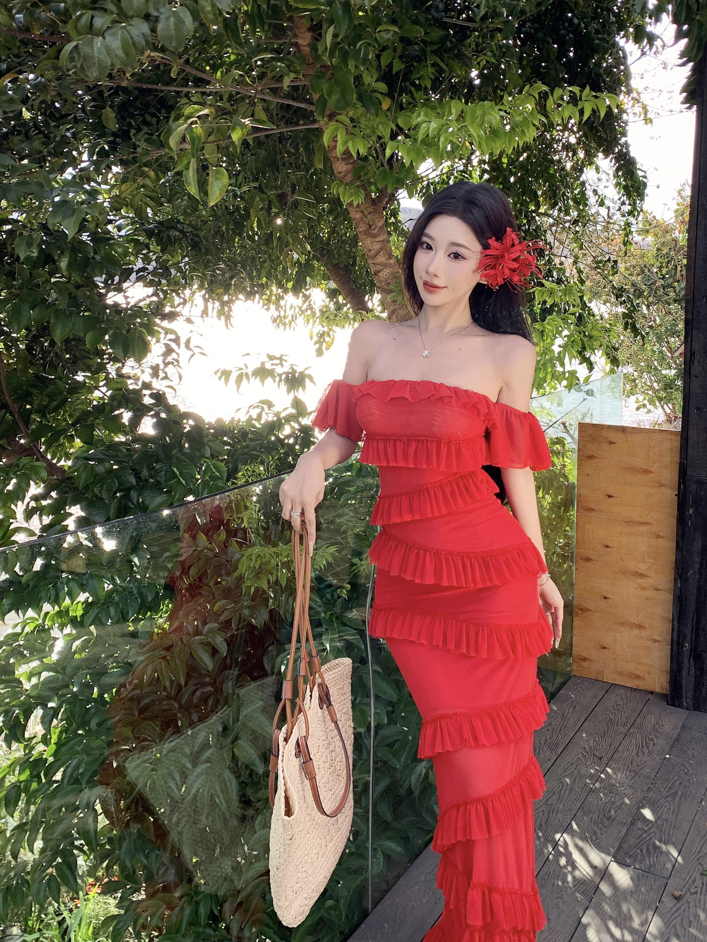 Summer Dopamine Red Strapless Bodycon Dress with Irregular Ruffles and Long Skirt – Sexy Thailand Sanya Style Summer Dopamine Red Strapless Bodycon Dress with Irregular Ruffles and Long Skirt – Sexy Thailand Sanya Style