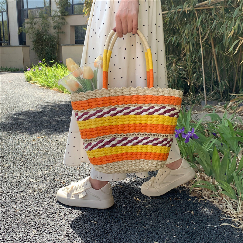 Summer Ethnic Style Hollowed-Out Color-Blocking Woven Basket Bag for Women, Versatile Tote Handbag with Handheld & Shoulder Options