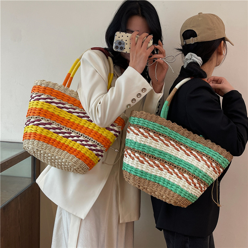 Summer Ethnic Style Hollowed-Out Color-Blocking Woven Basket Bag for Women, Versatile Tote Handbag with Handheld & Shoulder Options