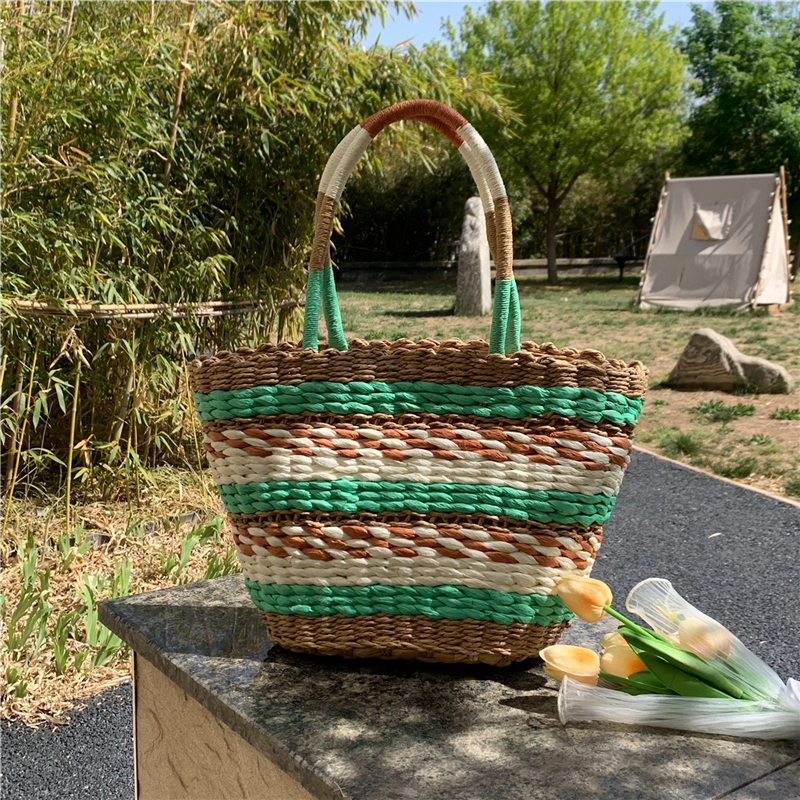 Summer Ethnic Style Hollowed-Out Color-Blocking Woven Basket Bag for Women, Versatile Tote Handbag with Handheld & Shoulder Options Summer Ethnic Style Hollowed-Out Color-Blocking Woven Basket Bag for Women, Versatile Tote Handbag with Handheld & Shoulder Options