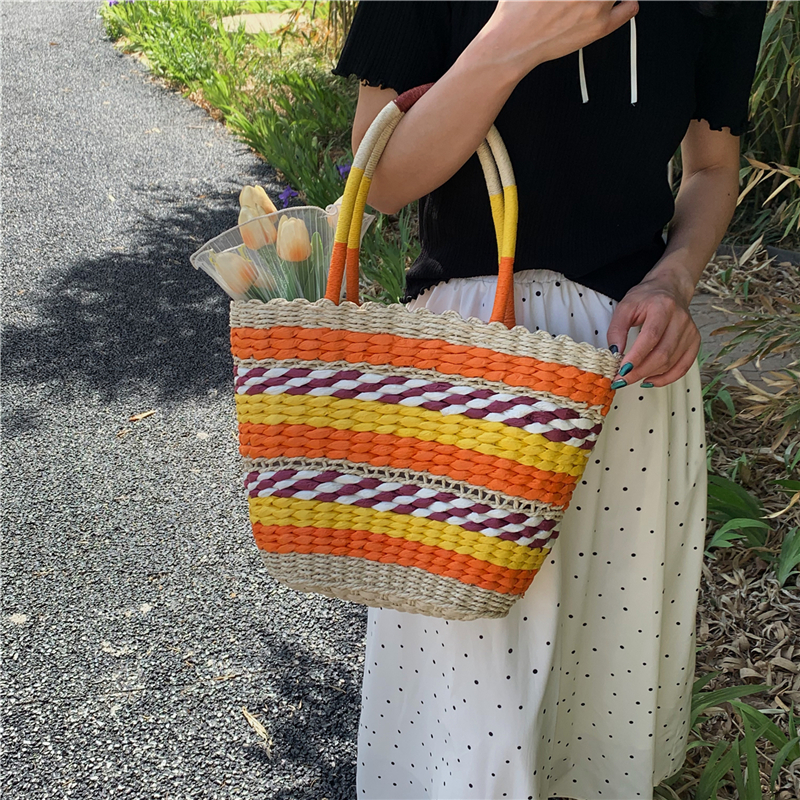 Summer Ethnic Style Hollowed-Out Color-Blocking Woven Basket Bag for Women, Versatile Tote Handbag with Handheld & Shoulder Options Summer Ethnic Style Hollowed-Out Color-Blocking Woven Basket Bag for Women, Versatile Tote Handbag with Handheld & Shoulder Options