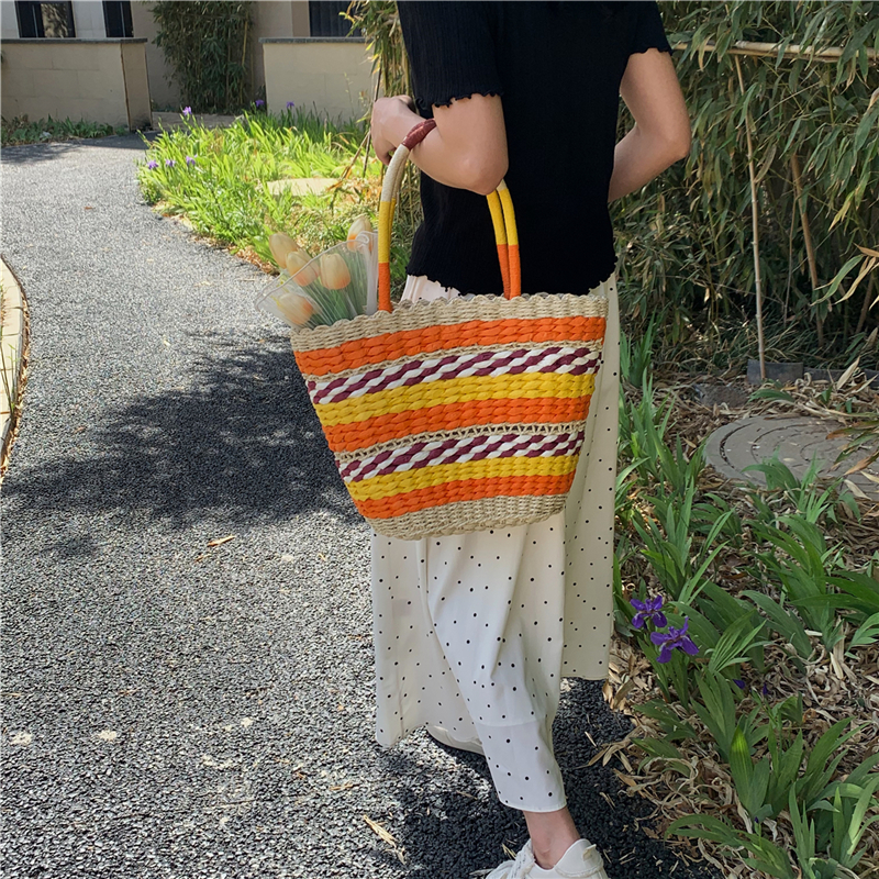 Summer Ethnic Style Hollowed-Out Color-Blocking Woven Basket Bag for Women, Versatile Tote Handbag with Handheld & Shoulder Options Summer Ethnic Style Hollowed-Out Color-Blocking Woven Basket Bag for Women, Versatile Tote Handbag with Handheld & Shoulder Options