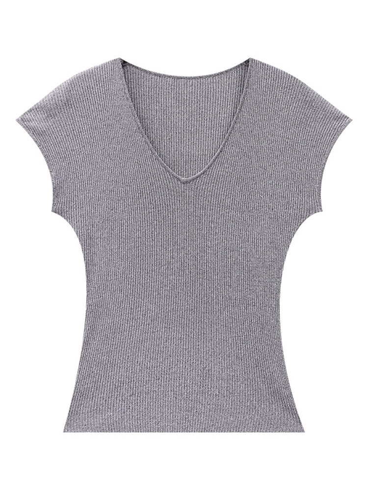 Summer Gray Slim Fit V-Neck Short Sleeve T-Shirt for Women, Versatile Casual Top, Effortless Style, Y2K Inspired Fashion