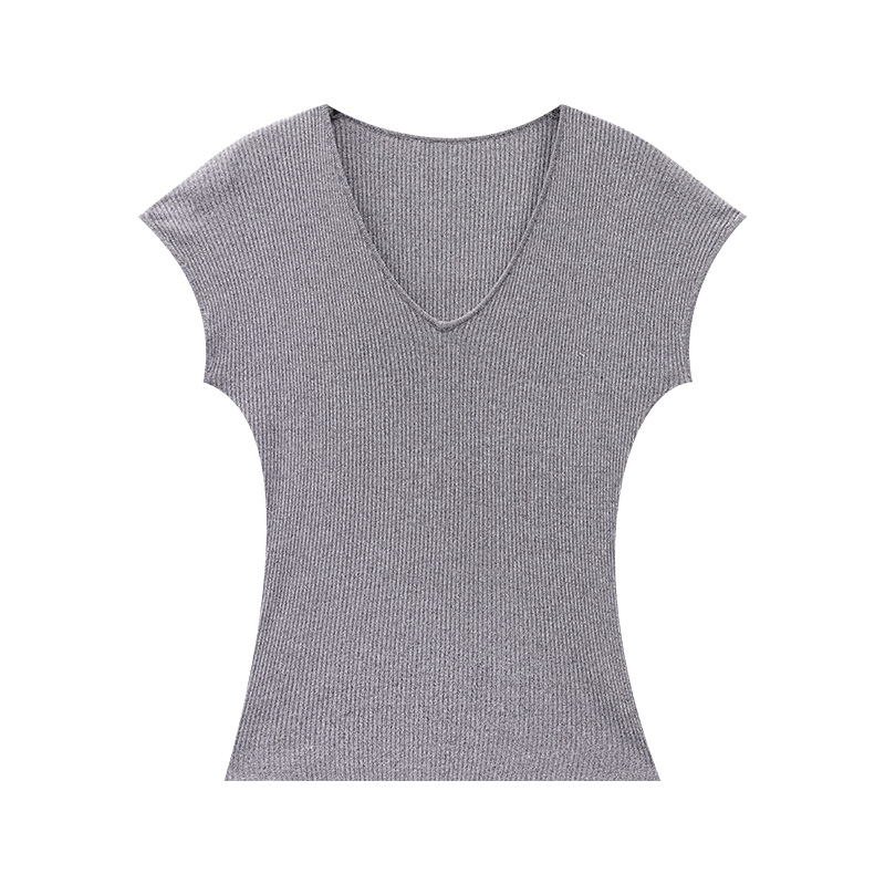 Summer Gray Slim Fit V-Neck Short Sleeve T-Shirt for Women, Versatile Casual Top, Effortless Style, Y2K Inspired Fashion