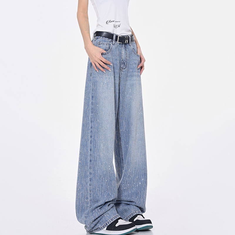 Summer Handmade Rhinestone Sparkling Blue Wash Denim Straight Leg Pants for Women - Trendy Y2K Style Jeans