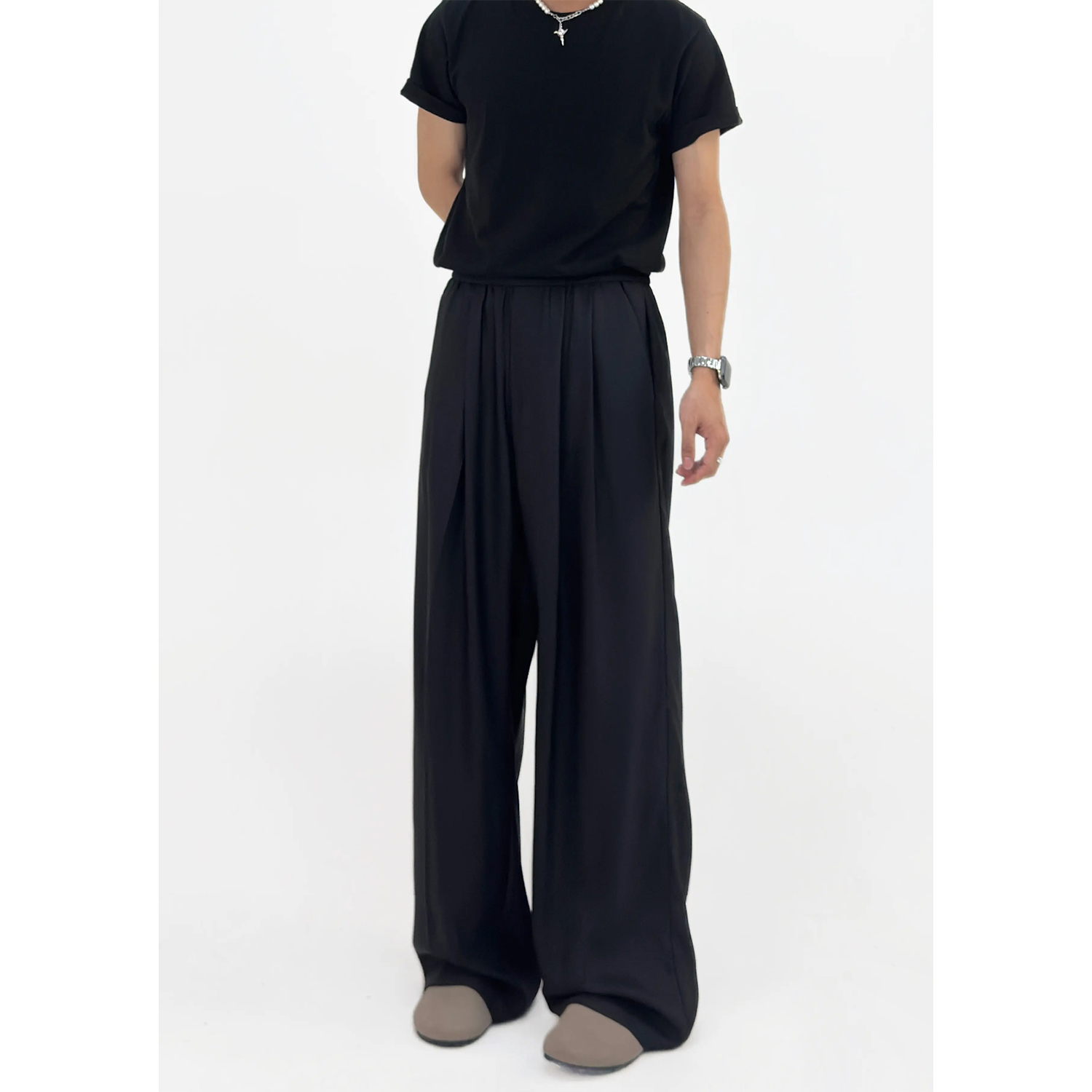 Summer High-End Solid Color Wide-Leg Pants - Elastic Waist, High Waist, Pleated Draping, Floor-Length Casual Trousers for Effortless Style