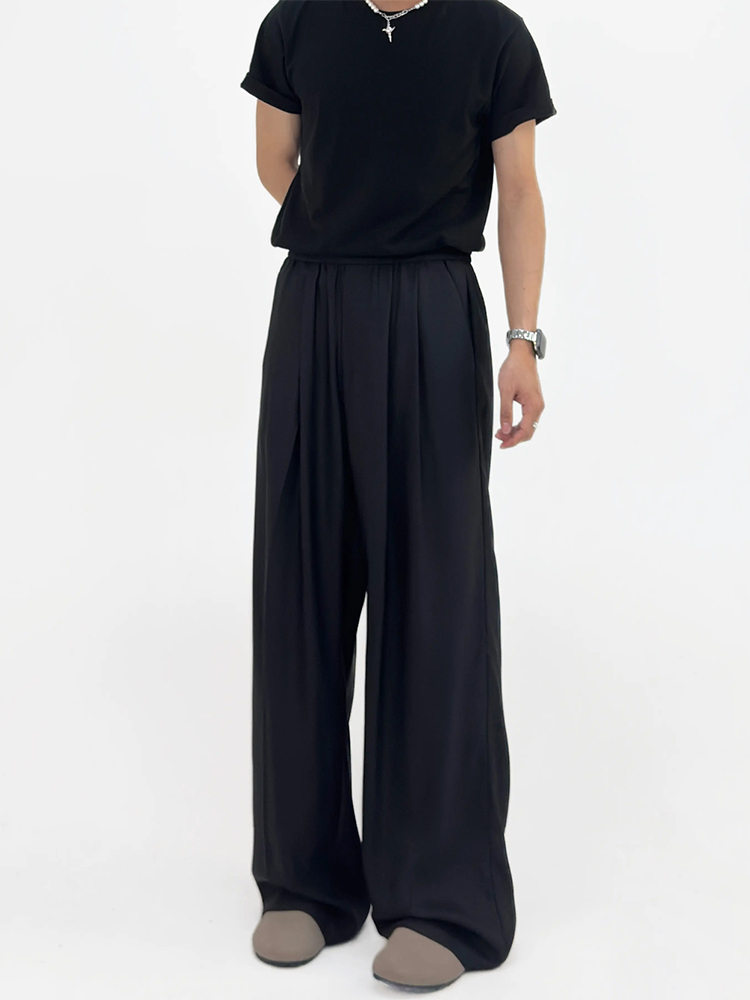 Summer High-End Solid Color Wide-Leg Pants - Elastic Waist, High Waist, Pleated Draping, Floor-Length Casual Trousers for Effortless Style
