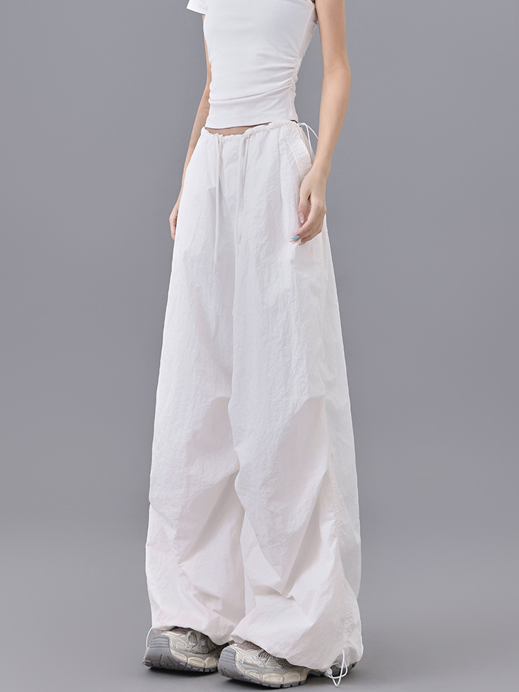 Summer High Waist Pleated Drawstring Cargo Pants for Women - Breathable Wide Leg Cuffed Dance Pants in American Street Style