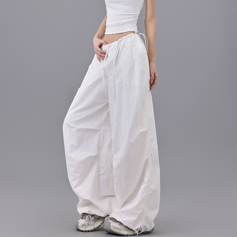 Summer High Waist Pleated Drawstring Cargo Pants for Women - Breathable Wide Leg Cuffed Dance Pants in American Street Style