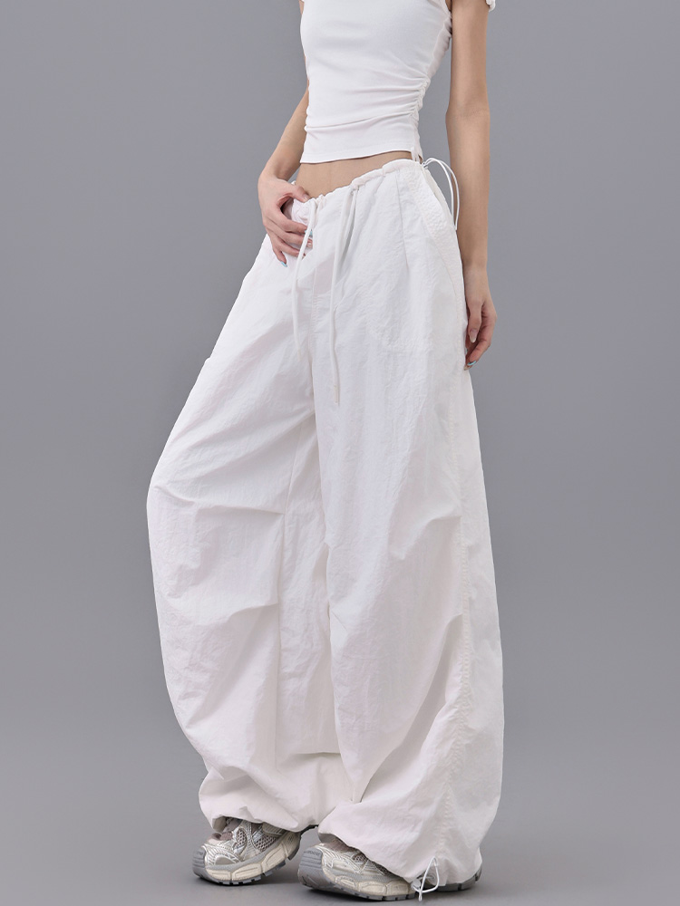 Summer High Waist Pleated Drawstring Cargo Pants for Women - Breathable Wide Leg Cuffed Dance Pants in American Street Style Summer High Waist Pleated Drawstring Cargo Pants for Women - Breathable Wide Leg Cuffed Dance Pants in American Street Style