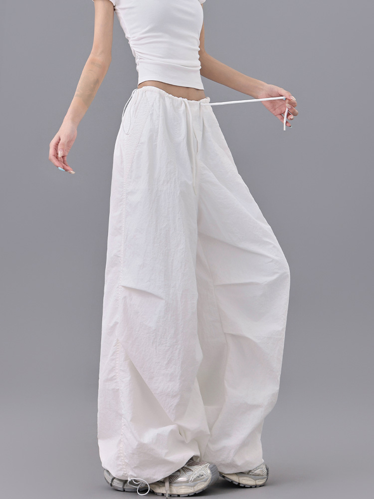 Summer High Waist Pleated Drawstring Cargo Pants for Women - Breathable Wide Leg Cuffed Dance Pants in American Street Style Summer High Waist Pleated Drawstring Cargo Pants for Women - Breathable Wide Leg Cuffed Dance Pants in American Street Style