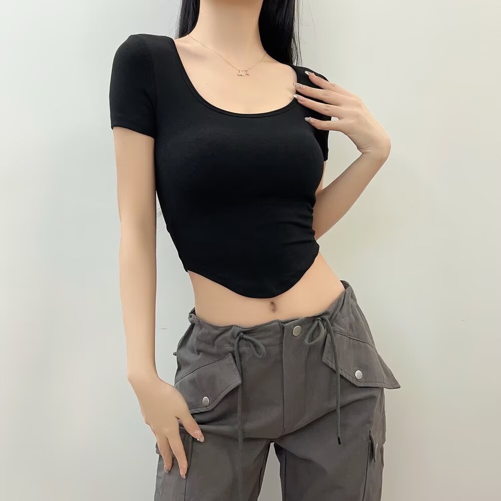 Summer Kpop Jazz Style Slim Fit Padded Ribbed Cotton U-Neck Short Sleeve T-Shirt for Women Summer Kpop Jazz Style Slim Fit Padded Ribbed Cotton U-Neck Short Sleeve T-Shirt for Women