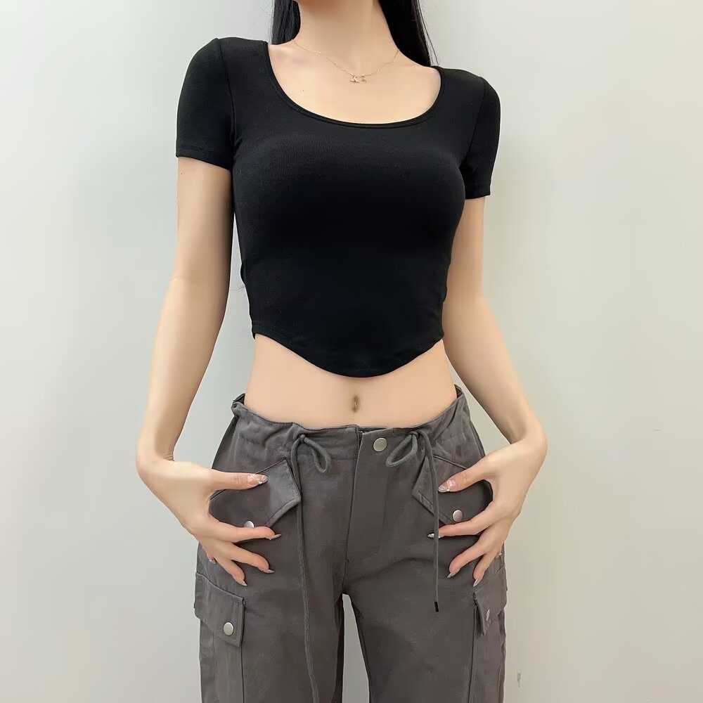 Summer Kpop Jazz Style Slim Fit Padded Ribbed Cotton U-Neck Short Sleeve T-Shirt for Women