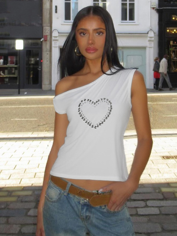 Summer Metallic Heart Print Off-Shoulder Sleeveless Top - Versatile Womenâ€™s T-Shirt for 90s Y2K Style