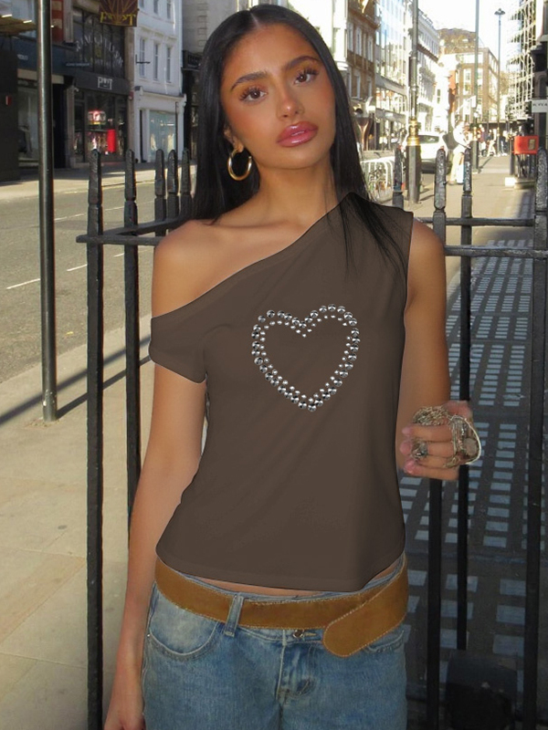 Summer Metallic Heart Print Off-Shoulder Sleeveless Top - Versatile Women’s T-Shirt for 90s Y2K Style Summer Metallic Heart Print Off-Shoulder Sleeveless Top - Versatile Women’s T-Shirt for 90s Y2K Style