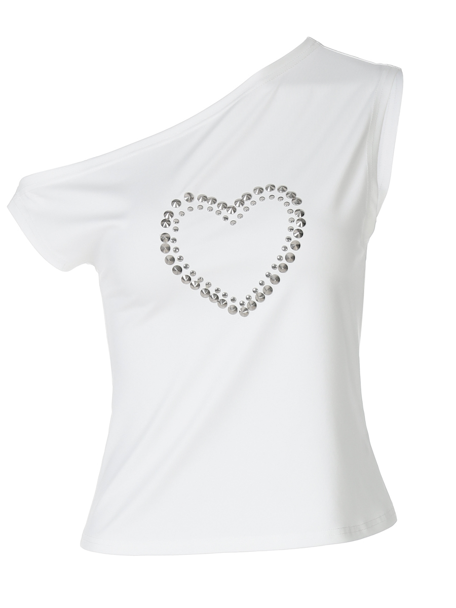 Summer Metallic Heart Print Off-Shoulder Sleeveless Top - Versatile Women’s T-Shirt for 90s Y2K Style Summer Metallic Heart Print Off-Shoulder Sleeveless Top - Versatile Women’s T-Shirt for 90s Y2K Style