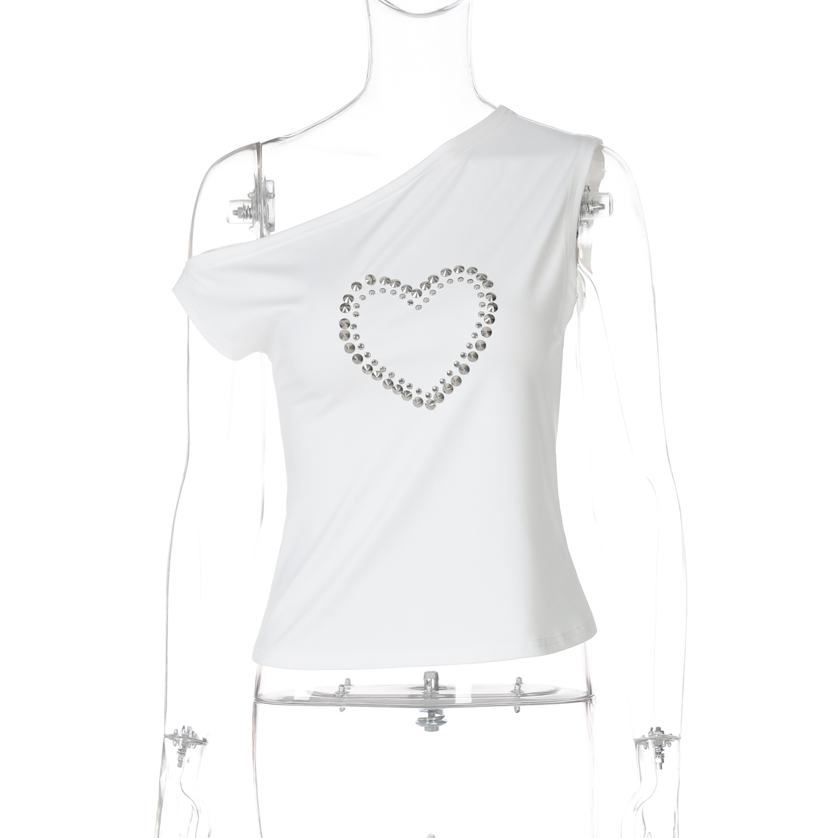 Summer Metallic Heart Print Off-Shoulder Sleeveless Top - Versatile Womenâ€™s T-Shirt for 90s Y2K Style