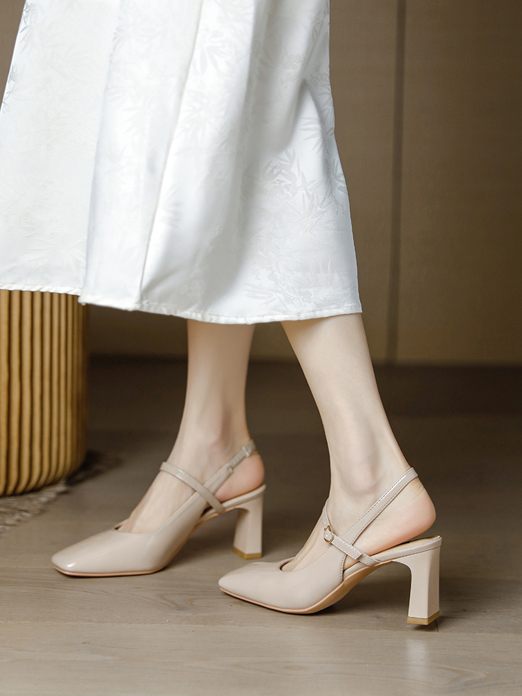 Summer Milk Tea Color Square Toe High Heel Shoes for Women, Chunky Heel Backless Peep-Toe Sandals, Vintage Qipao Minimalist Style