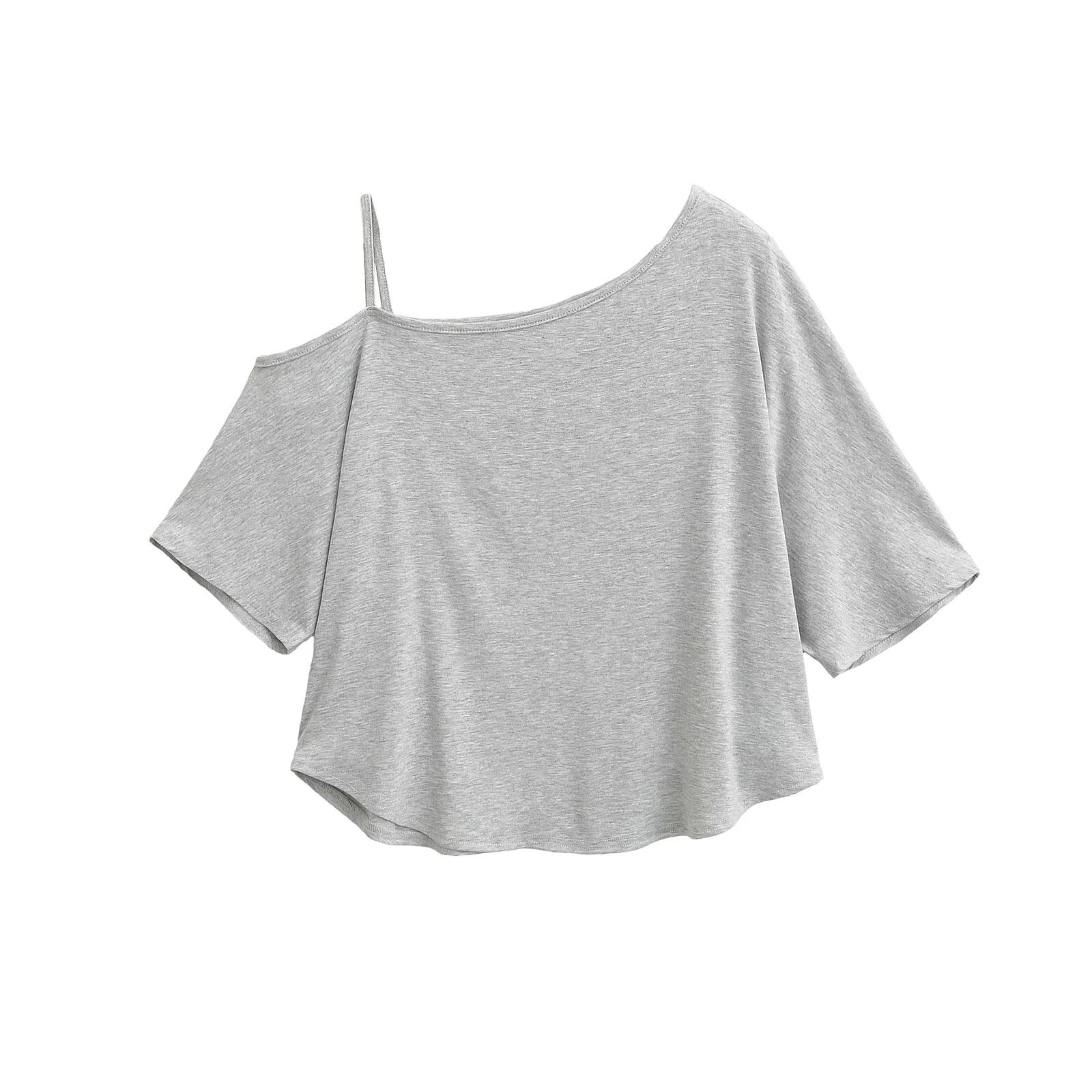 Summer Off-Shoulder K-Pop Jazz T-Shirt for Women - Loose Fit, Curved Hem, Short Sleeve, Thin Design Summer Off-Shoulder K-Pop Jazz T-Shirt for Women - Loose Fit, Curved Hem, Short Sleeve, Thin Design