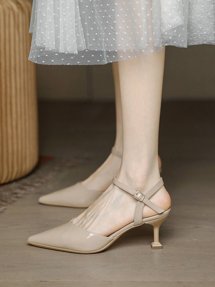 Summer Open-Toe High Heels for Women - Pointed Toe, Thin Heels, Patent Leather Milk Tea Color, Versatile Sandals for Skirts, 2025 Trend