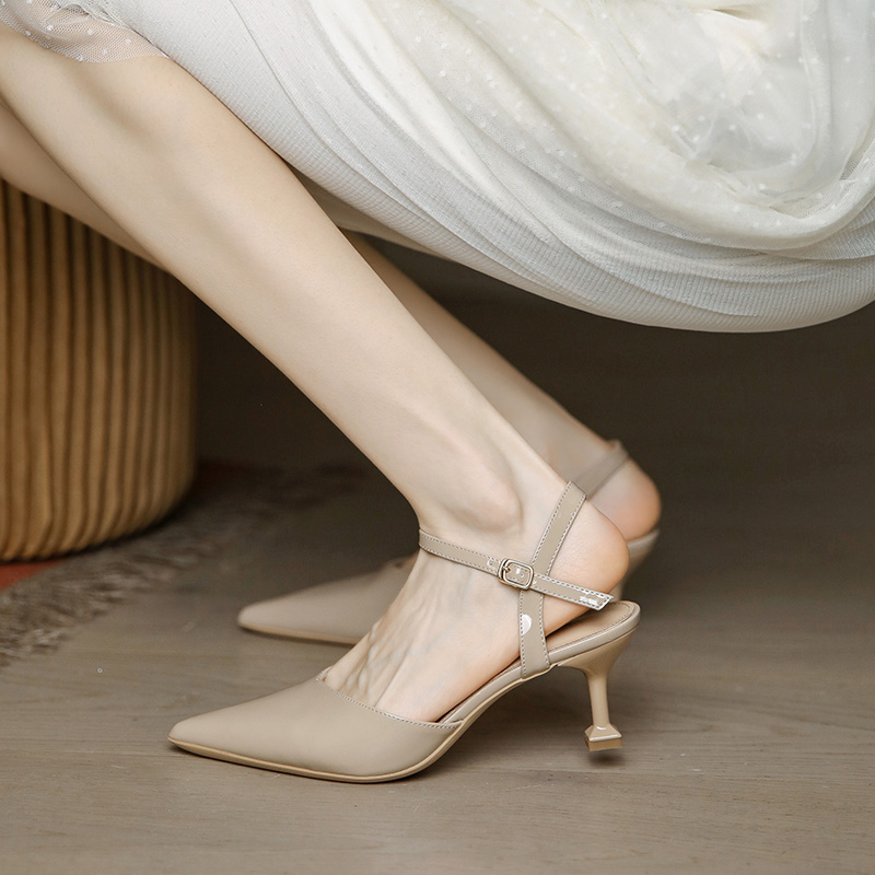 Summer Open-Toe High Heels for Women - Pointed Toe, Thin Heels, Patent Leather Milk Tea Color, Versatile Sandals for Skirts, 2025 Trend