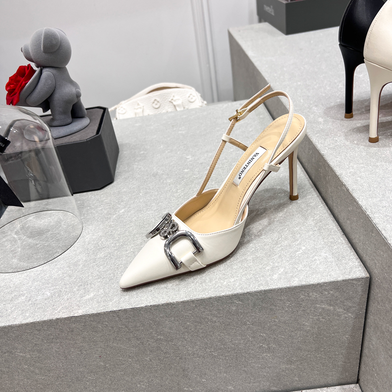 Summer Open-Toe One-Strap High Heel Sandals with Metal Buckle in White - European and American Style for Women